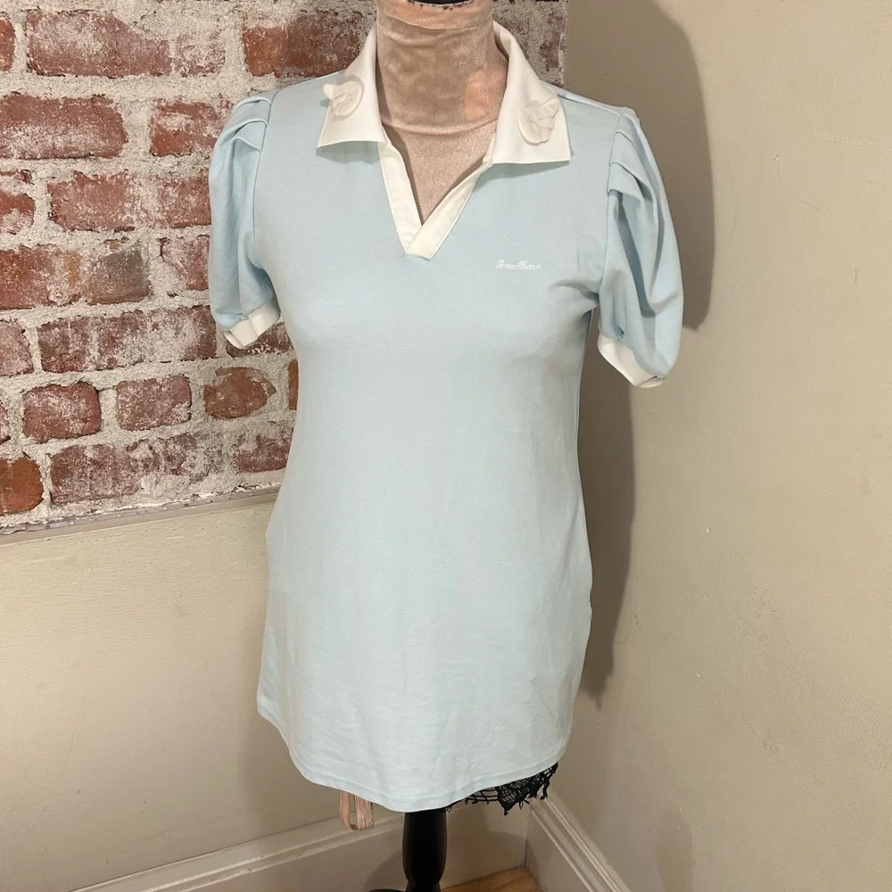 Grace Chow powder blue short sleeve mini shirt dress collared 3D wings Small - Picture 3 of 14